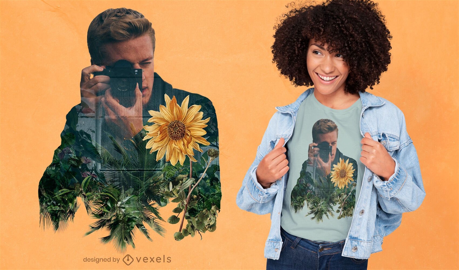 Projeto de t-shirt de dupla exposição para fotógrafo e flor
