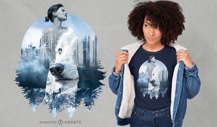 Girl and wolf double exposure PSD t-shirt design
