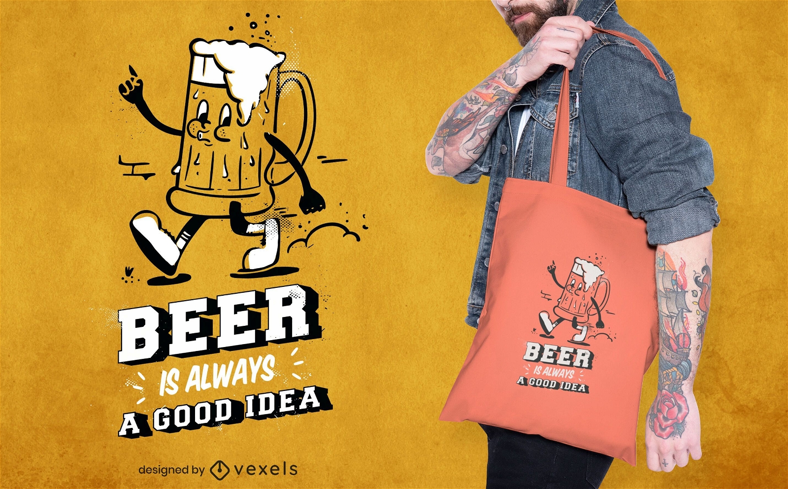 Diseño de bolsa de asas de dibujos animados de cerveza caminando
