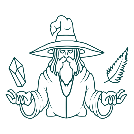Wizard levitating crystal and feather stroke PNG Design
