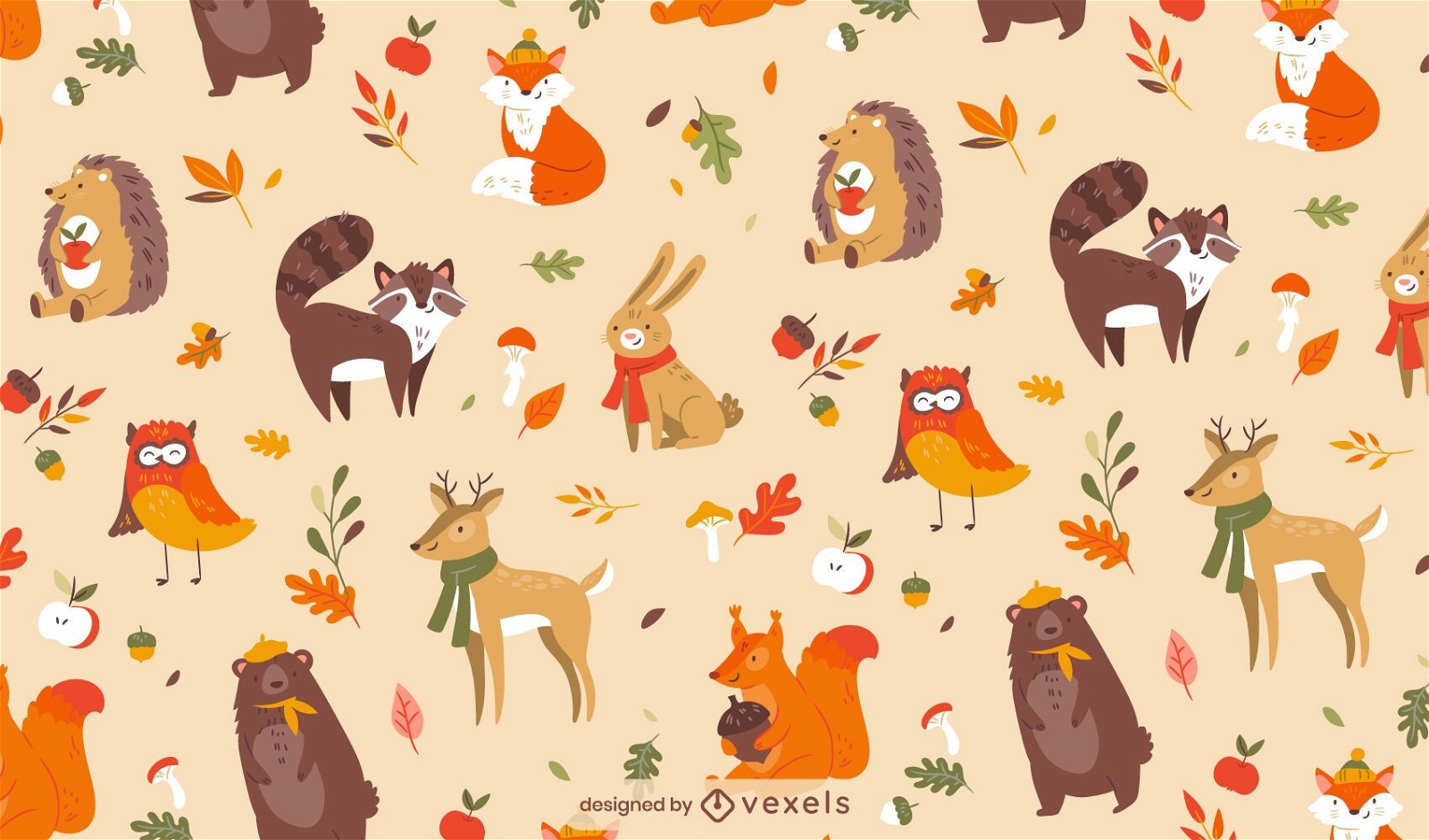 Autumn season cute animal pattern design