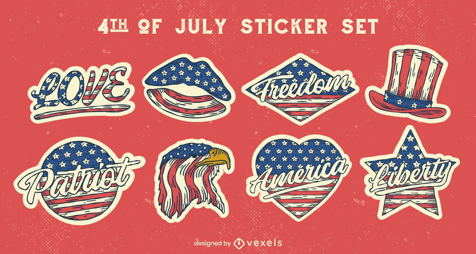 Fourth of july vintage style sticker set