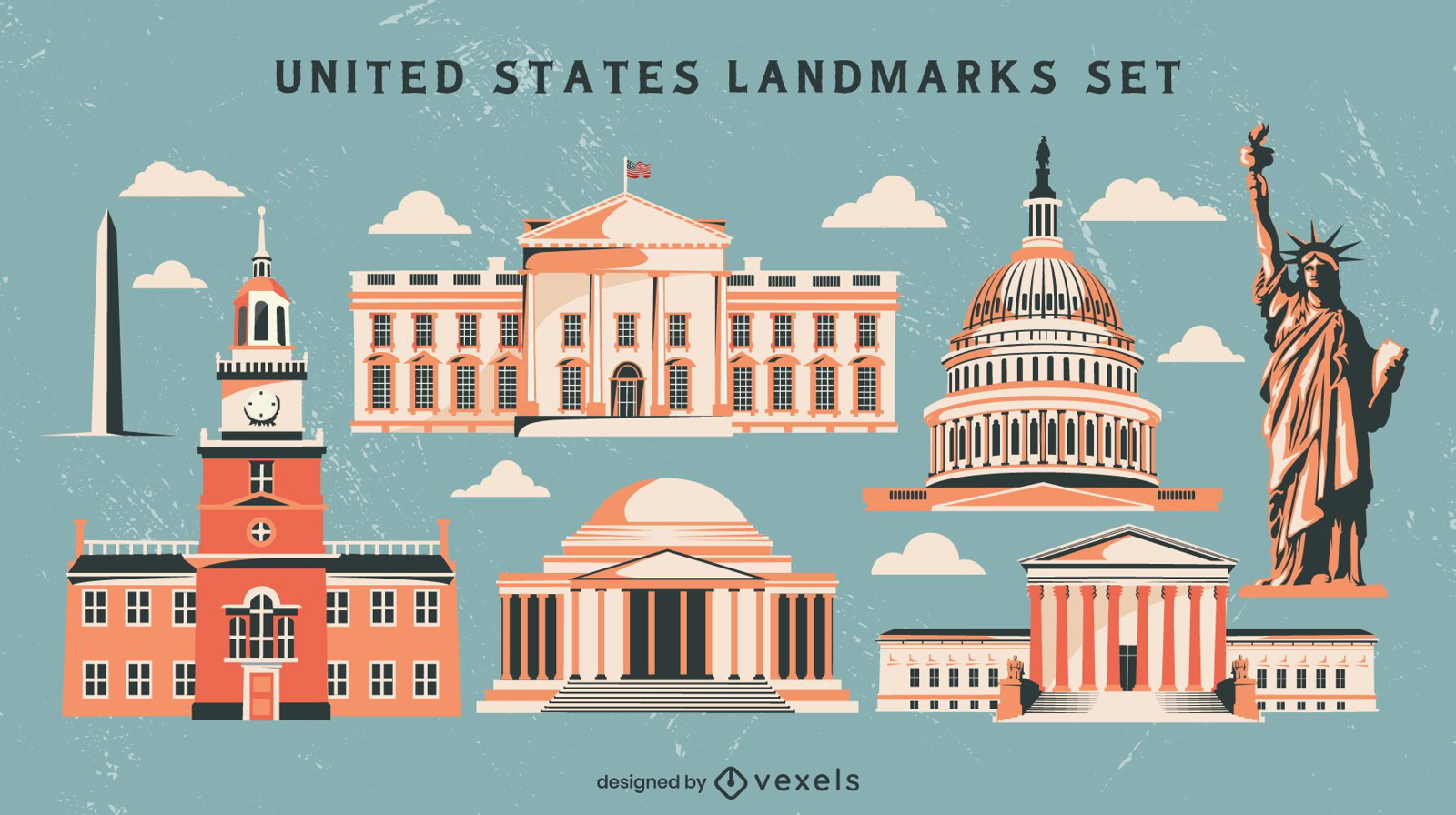 United states landmarks vintage style set
