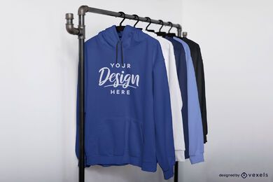 Hoodies in diagonaler Ansicht auf Rack-Modell