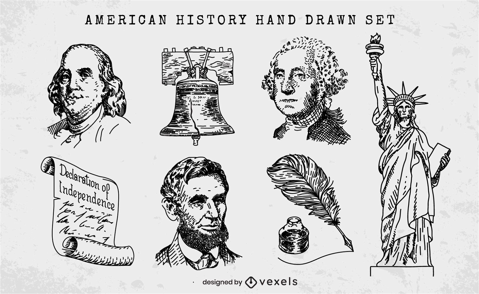 Satz von handgezeichneten Elementen der amerikanischen Geschichte