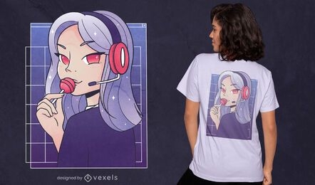 Design de camiseta com pirulito de gamer anime