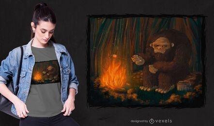 Diseño de camiseta Bigfoot camping hoguera