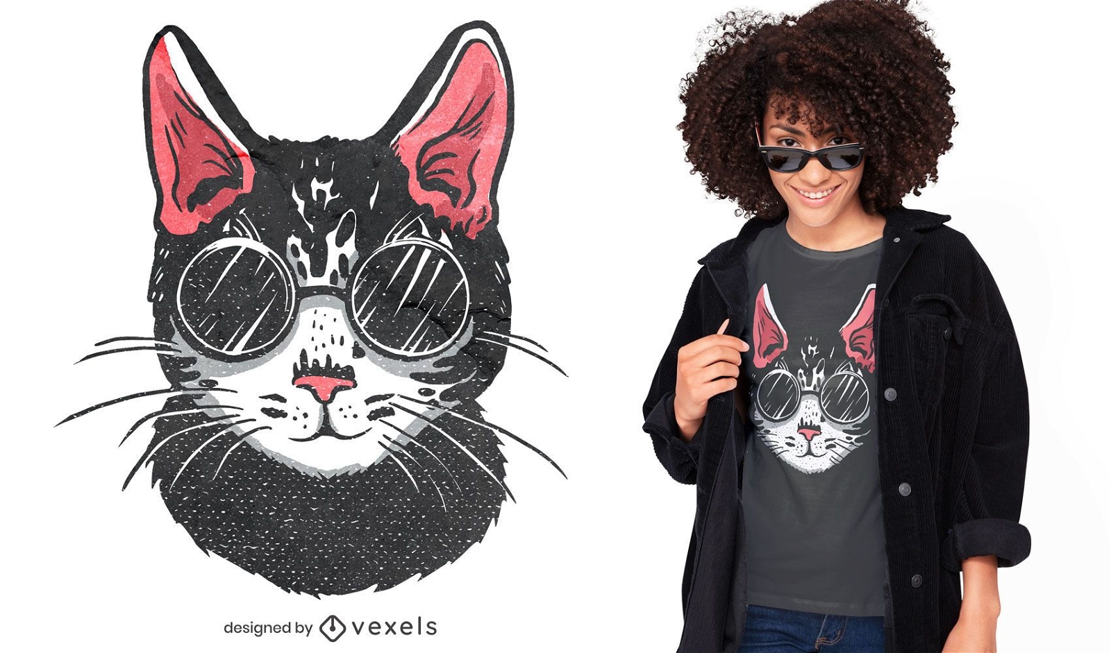 Design de t-shirt com ?culos de sol gato preto