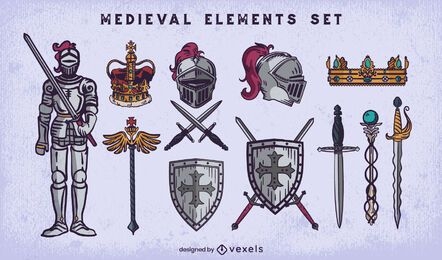 Medieval kinght detailed illustration set 