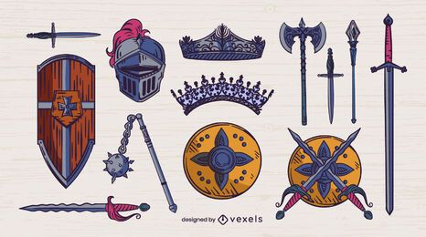 Medieval set of weapons color stroke