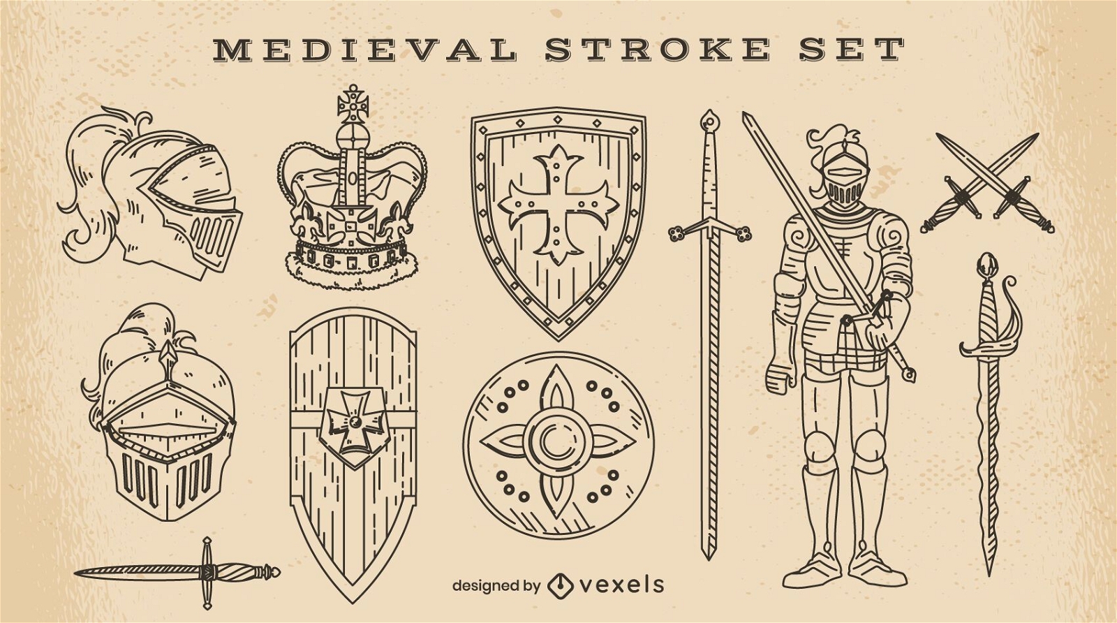 Conjunto de elementos medievales de trazo.