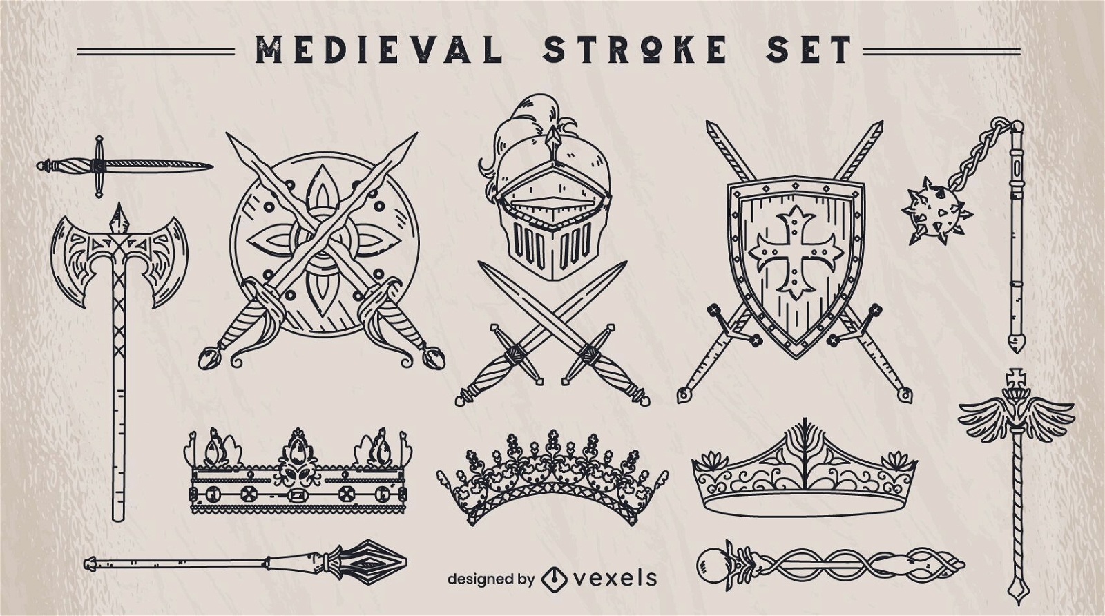 Conjunto de elementos de trazo medieval.