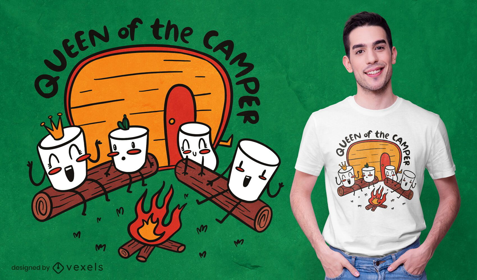 Personagens de marshmallow com design de camisetas de acampamento