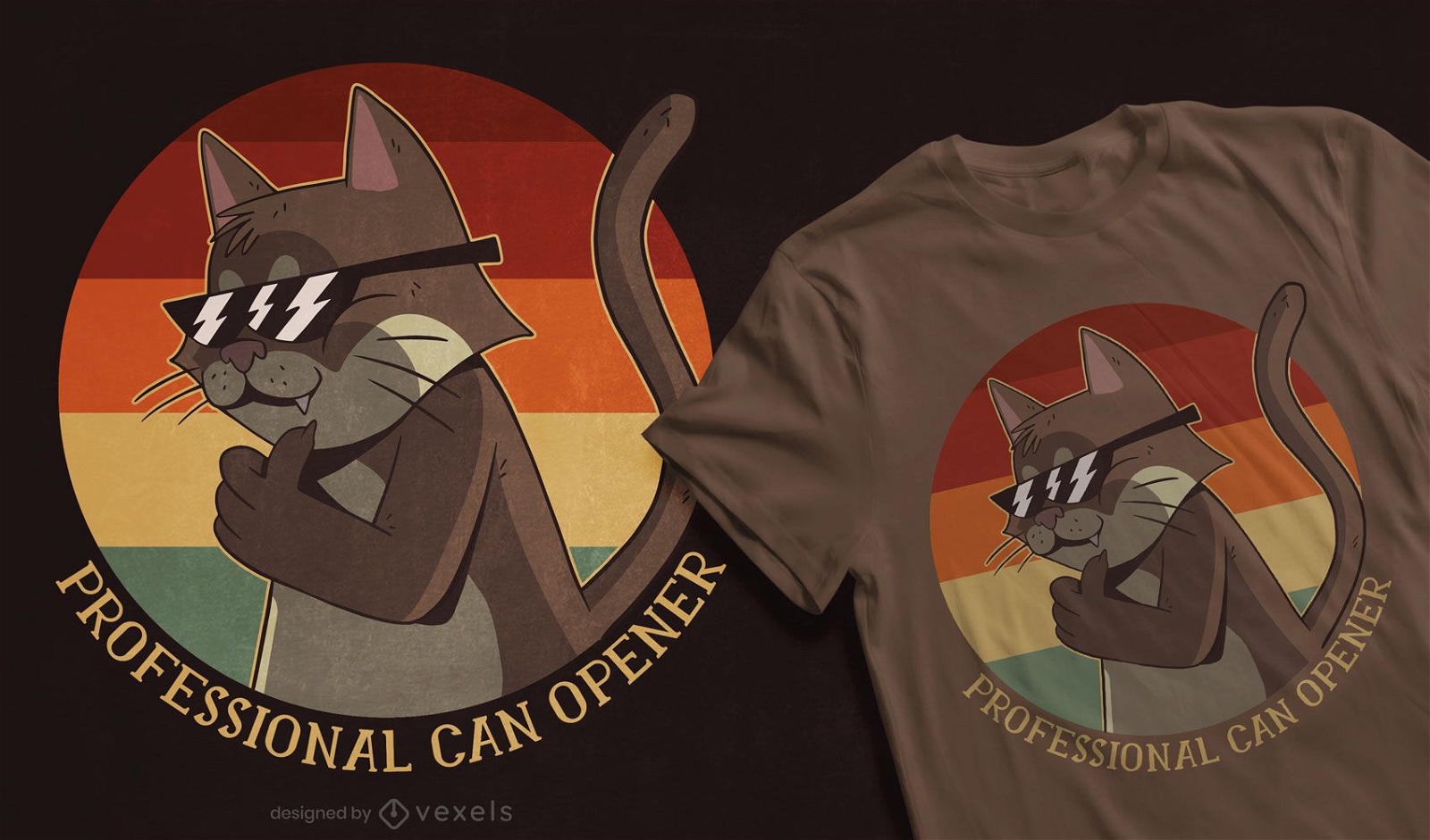 Cooles Katzen-Retro-Sonnenuntergang-T-Shirt-Design