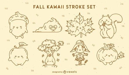 Kawaii autumn stroke characters set