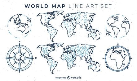 Conjunto de mapa-múndi de elementos de arte de linha