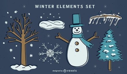 Conjunto de invierno de elementos de colores planos.