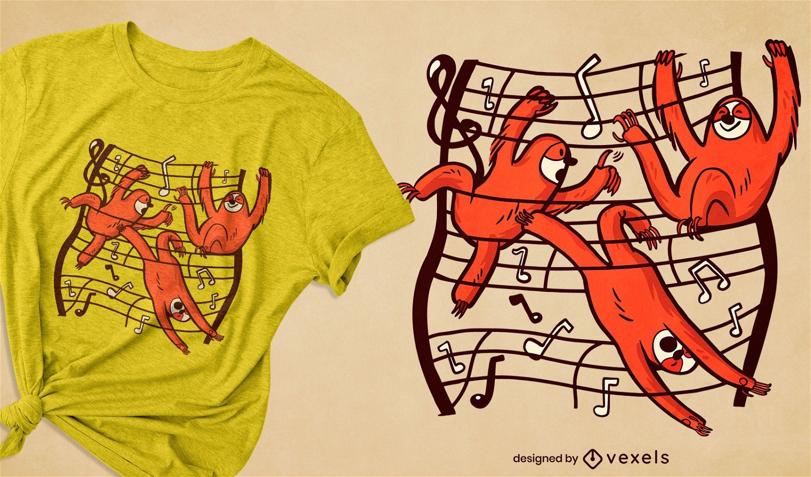 Dise?o de camiseta de notas musicales de animales perezosos.