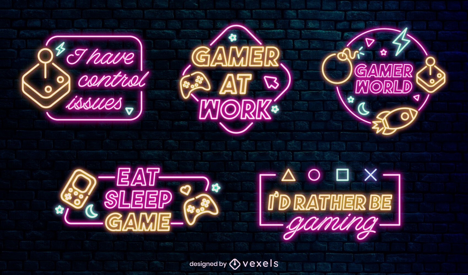 Gaming neon quote badges set