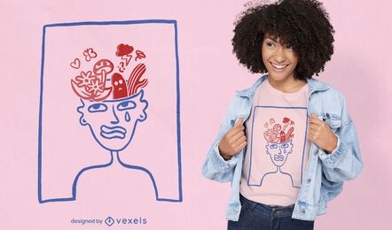 Plantas en el diseño de la camiseta del doodle del cerebro