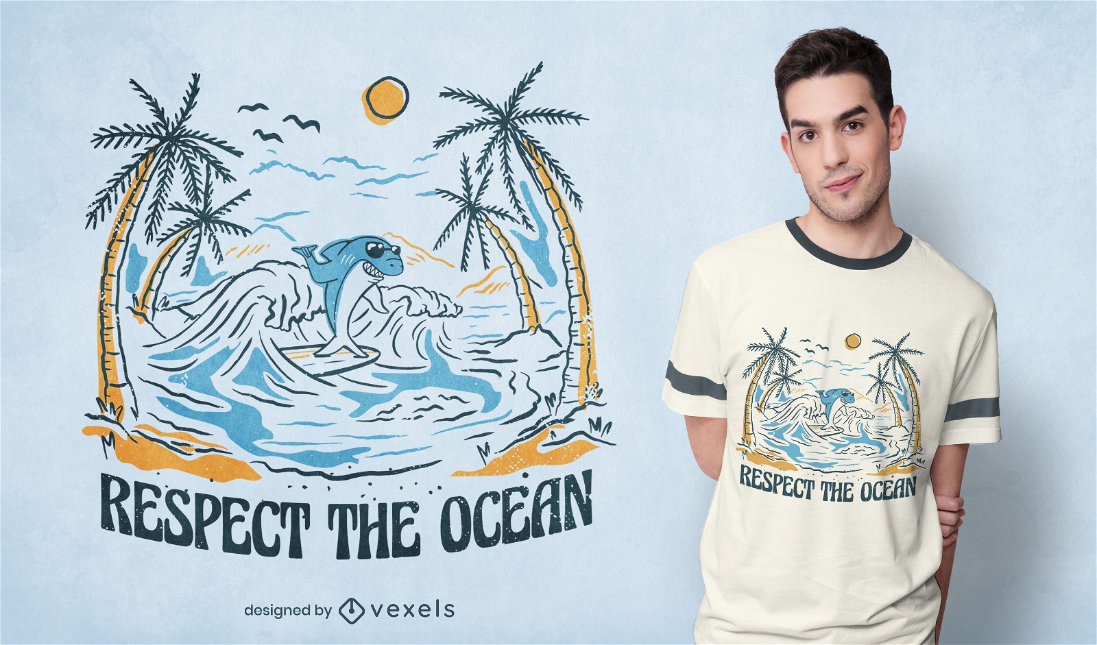 Respeite o design da camiseta do tubarão que surfa no oceano