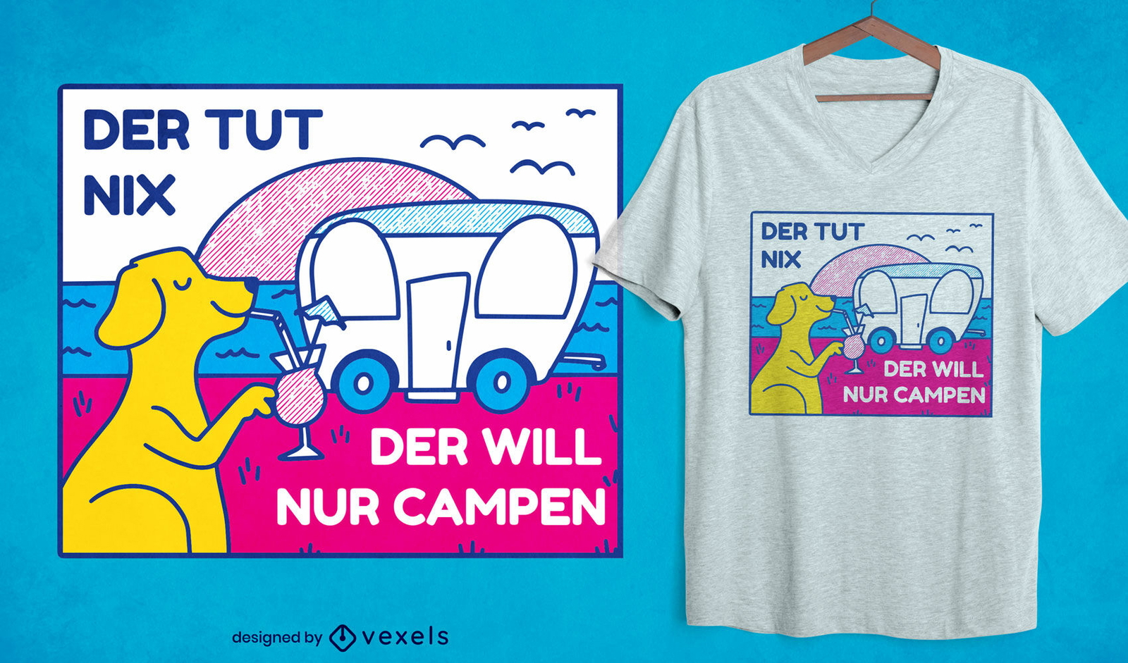 Cão com design de t-shirt em autocaravana