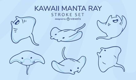 Conjunto de trazos kawaii de animal marino de mantarraya