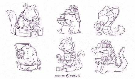 Set of cool hand drawn gaming animals