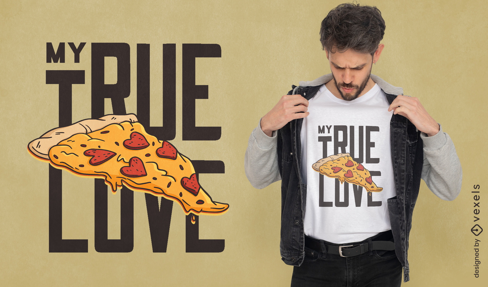 Diseño de camiseta de pepperoni con corazón de pizza.