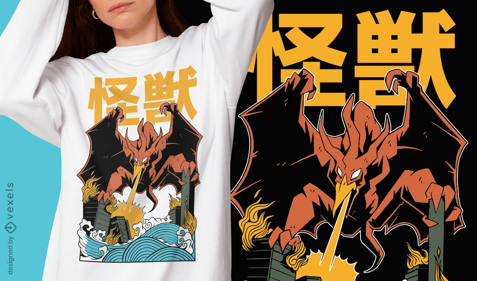 Diseño de camiseta de monstruo volador japonés.