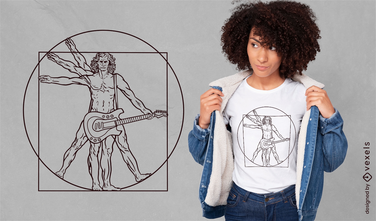 Design de camiseta de guitarra de homem vitruviano