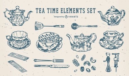 Set of tea time vintage elements