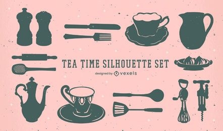 Set of tea time elements silhouettes