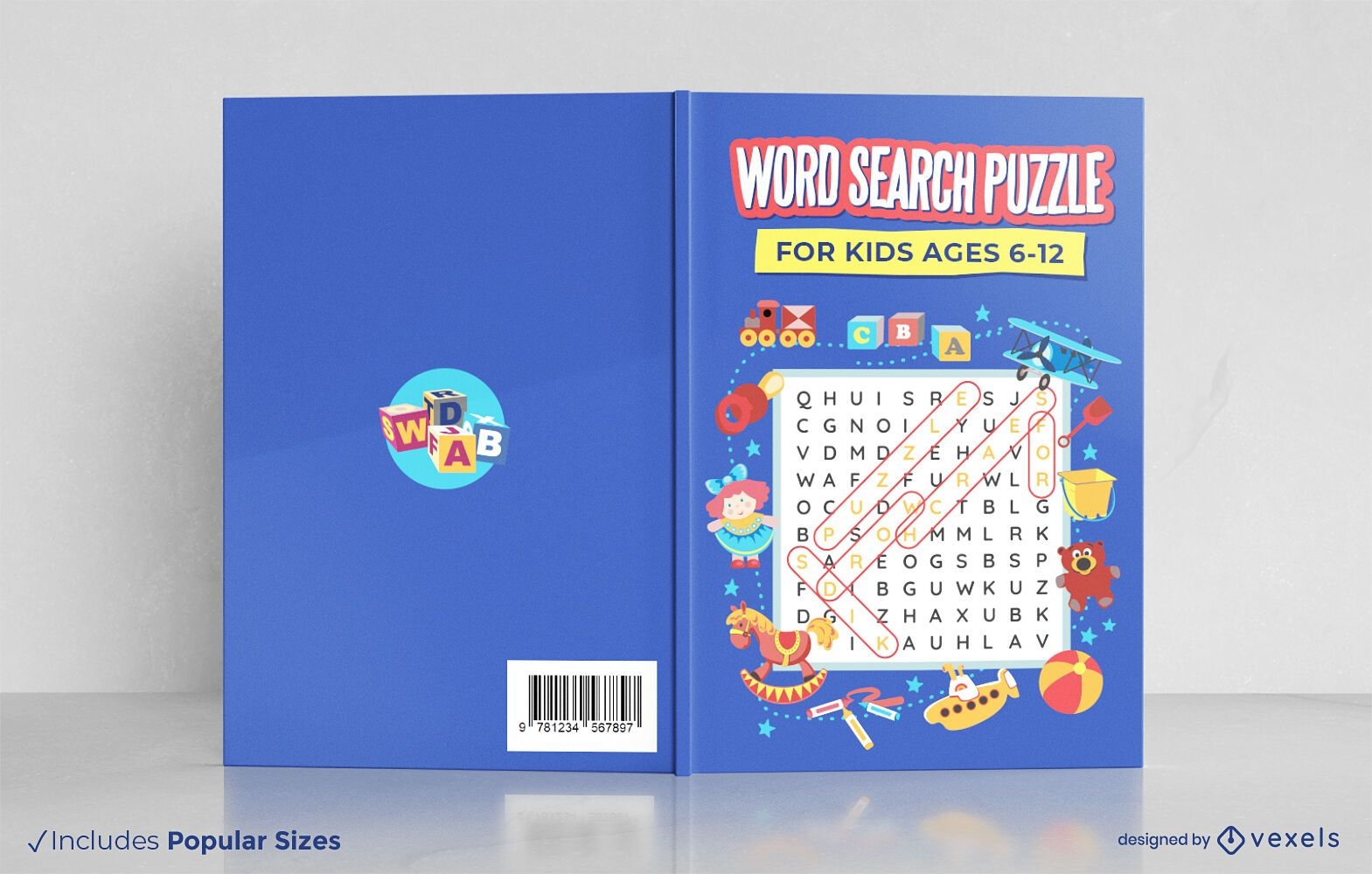 Quebra-cabeça de busca de palavras para design de capa de livro infantil
