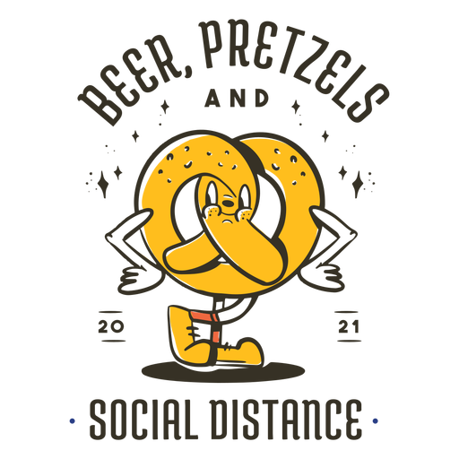 Cerveja, pretzels e distintivo de distanciamento social