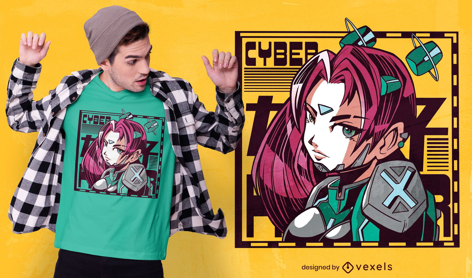 Diseño de camiseta de ciencia ficción de anime de chica cibernética.