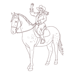 Cowgirl on horse waving stroke Transparent PNG