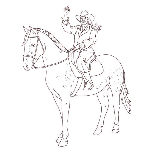 Cowgirl on horse waving stroke PNG Design