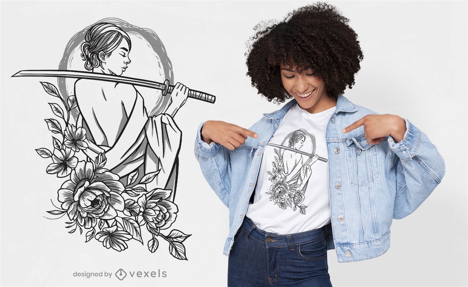 Diseño de camiseta de flores de mujer samurai.