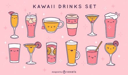 Conjunto de bebidas e copos kawaii