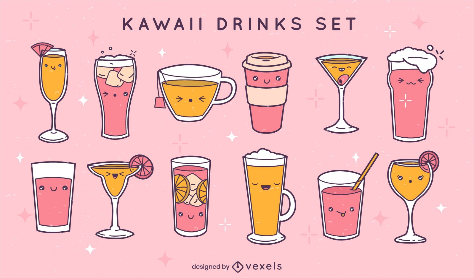 Set of kawaii drinks and glasses