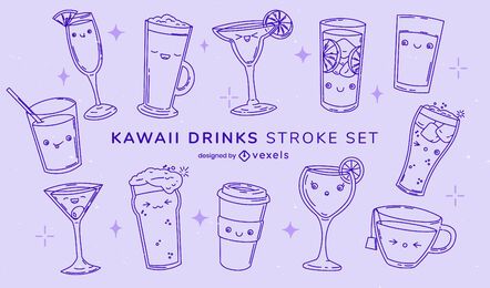 Conjunto de vasos y bebidas kawaii de trazo