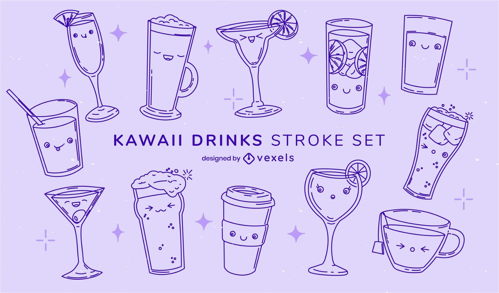 Conjunto de vasos y bebidas kawaii de trazo