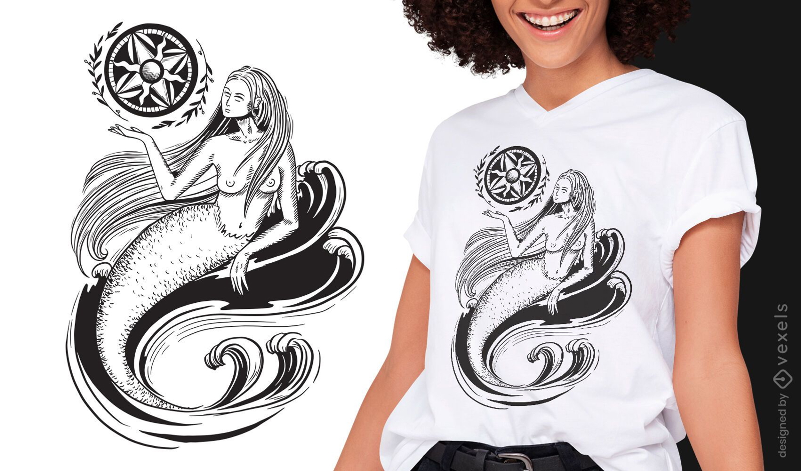 Diseño de camiseta art nouveau oscuro sirena