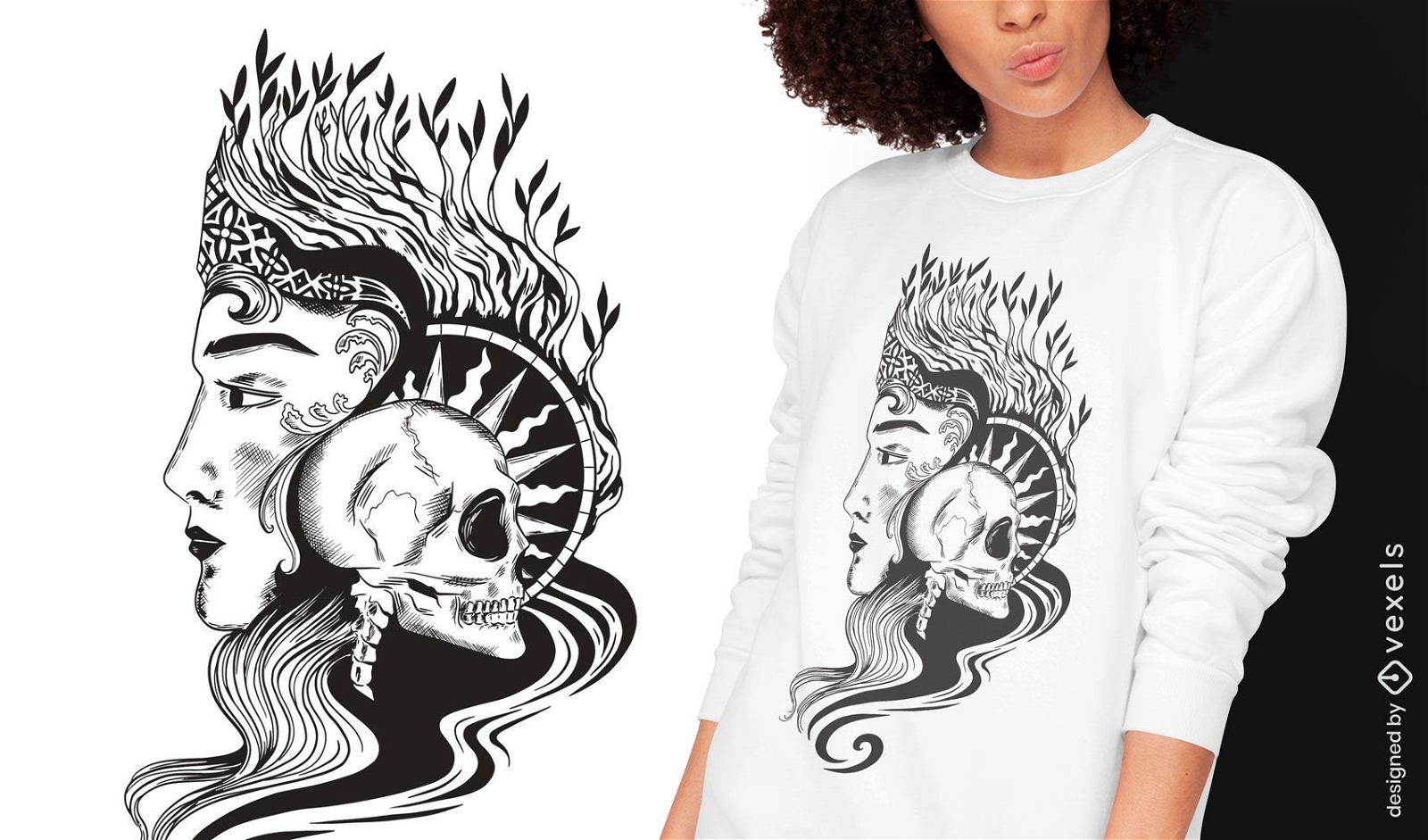 Diseño de camiseta art nouveau oscuro de la reina del cráneo