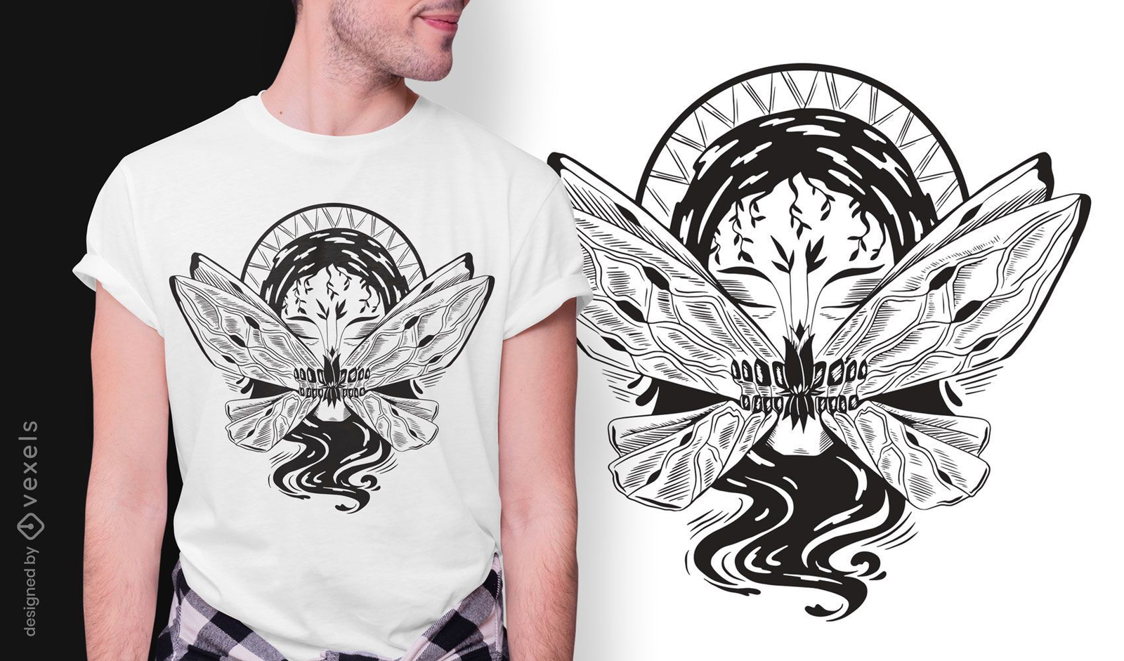 Diseño de camiseta art nouveau oscuro boca de mariposa