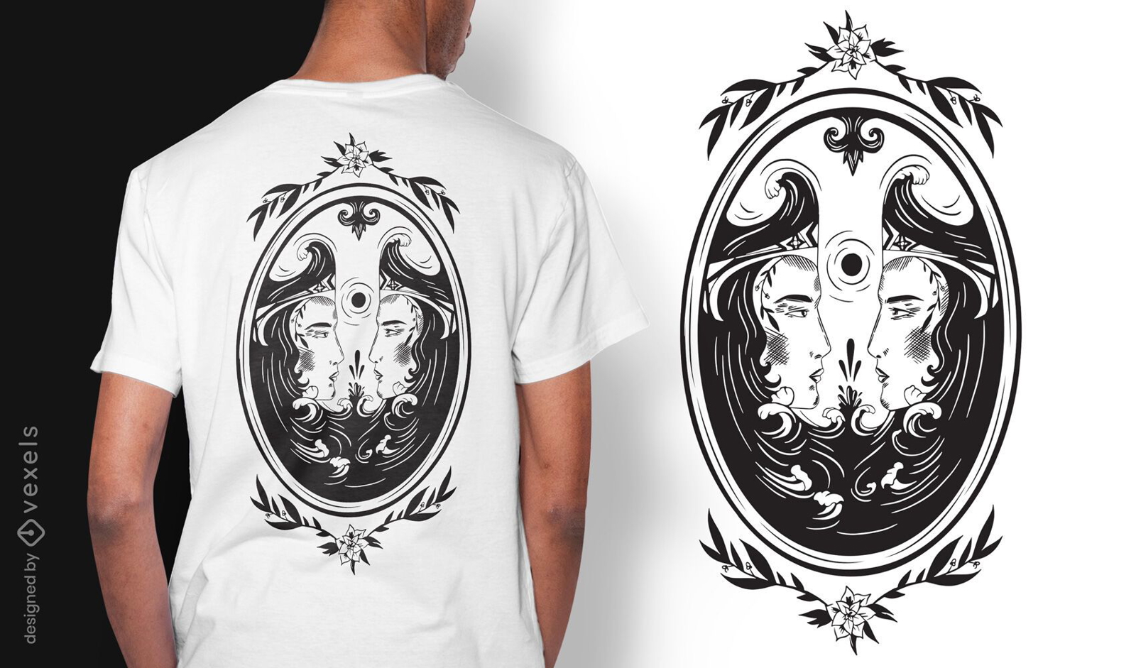 Diseño de camiseta art nouveau oscuro de espejo doble