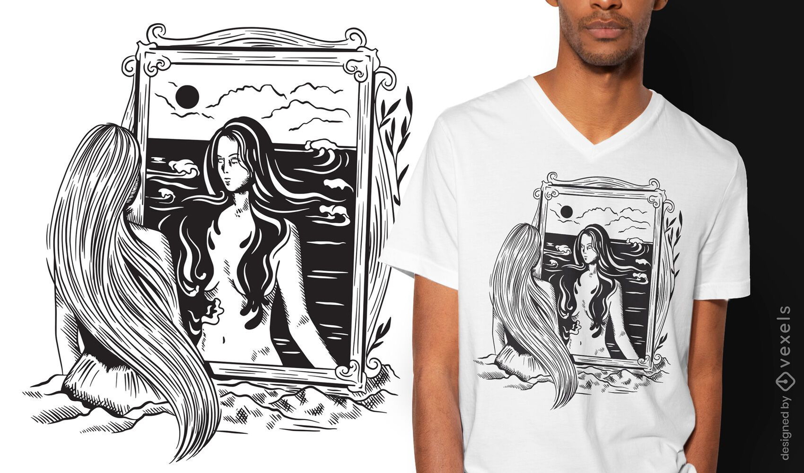 Diseño de camiseta art nouveau oscuro de retrato de mujer