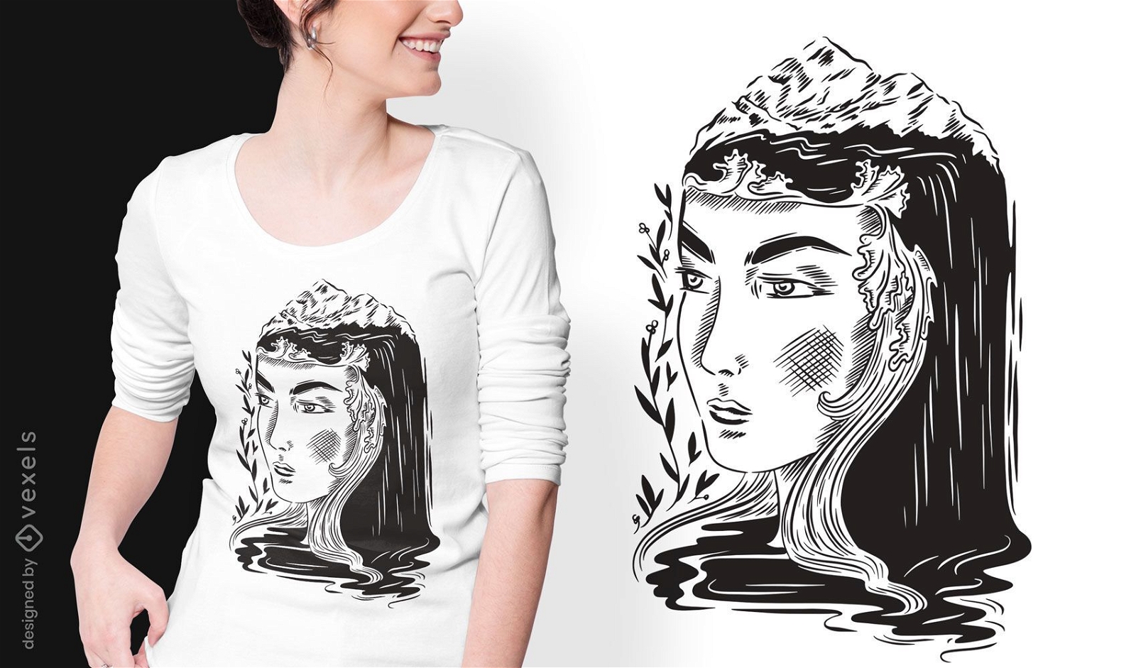 Design de t-shirt art nouveau de mulher de natureza escura