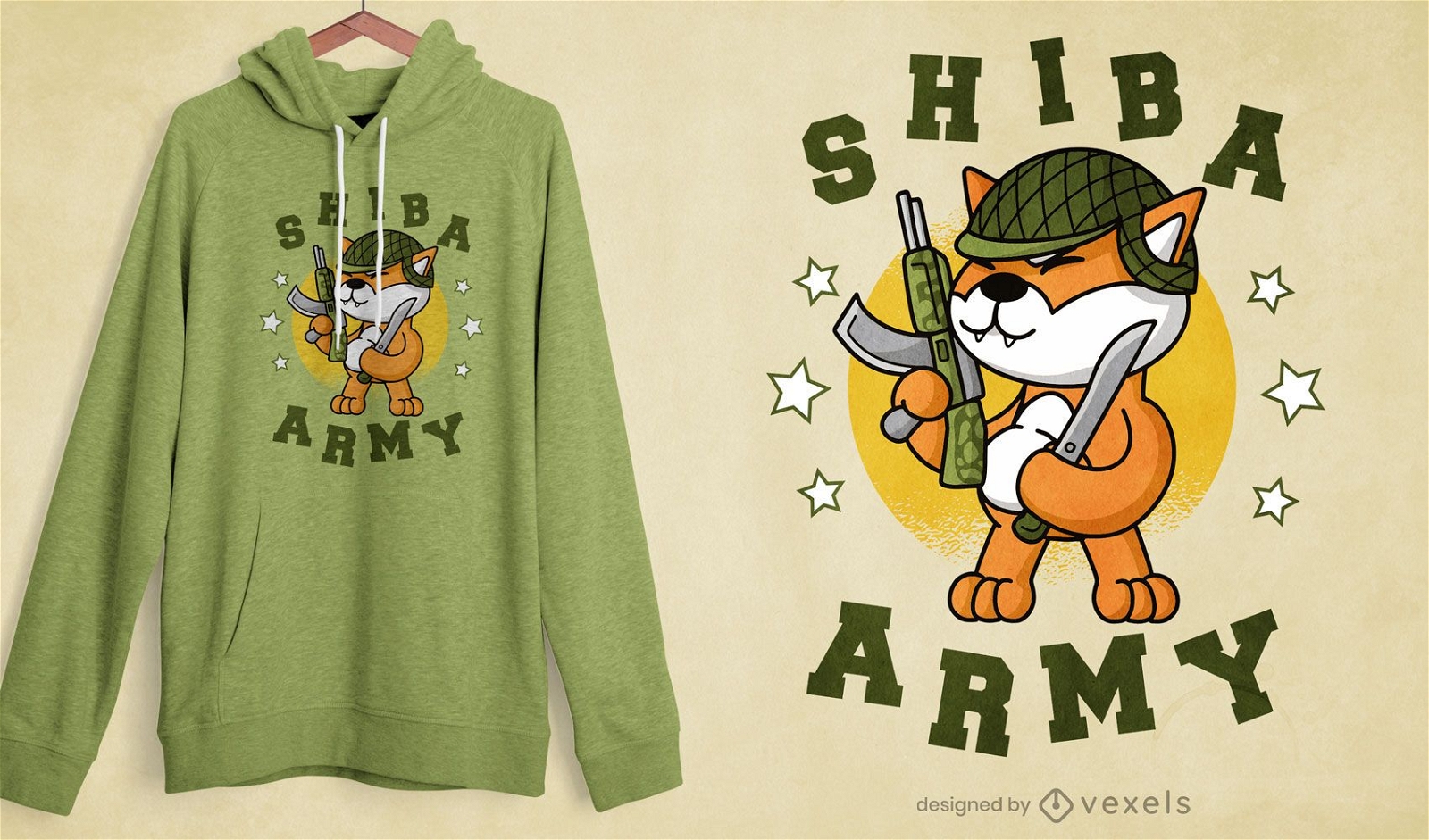 Diseño de camiseta de perro militar shiba inu.